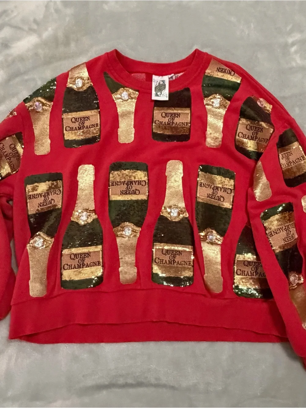 QUEEN OF SPARKLES Red and Gold Champagne Bottle Sequin Sweatshirt - Picture 6 of 6